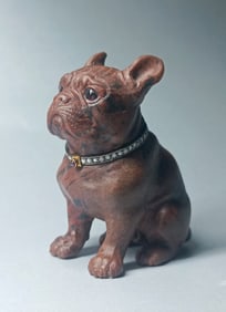 Russian hand carved obsidian Bull Dog, gold silver diamonds ruby, Garnet eyes.  Stamped 56 and maker