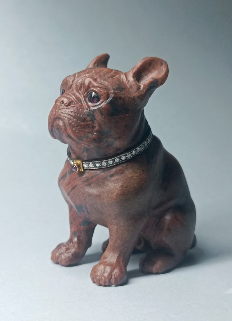 Russian hand carved obsidian Bull Dog, gold silver diamonds ruby, Garnet eyes.  Stamped 56 and maker (1 of 9)