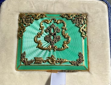 Antique Russian Empire Fine Guilloche Enamel Silver cigarette case Accented with single cut Diamond.