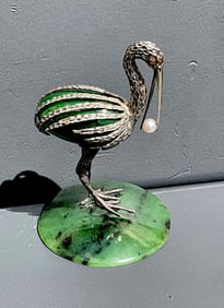 Russian silver jade diamond pearl Heron