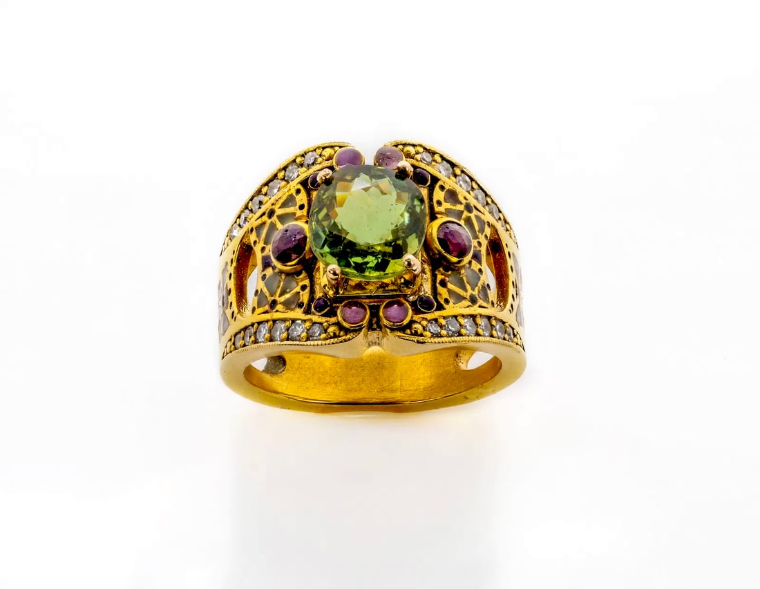 RUSSIAN GOLD DIAMOND ENAMEL RING 1.94 CT. DEMANTOID GARNET size 7.75 - GIA: RUSSIAN GOLD DIAMOND ENAMEL RING 1.94 CT. DEMANTOID GARNET size 7.75 - GIA Russian Antique Gold Diamond with GIA 1.94 CT. Demantoid Garnet and Ruby, stamped 56 and maker marks, weight 8.1 grams, size