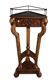 Single Decorative Trifed Pedestal, Gold Accents on Supports Single Drawer with Brass Railing, 50'h x