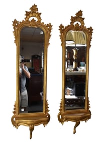 Pr. Italian Narrow Gilded LaBarge Mirrors with Shelf at Bottom, 60"h x 17"w