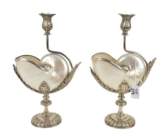 Pr. Nautilus Shells Set in Silver Plate Frame Candlesticks, 14"h x 8'w