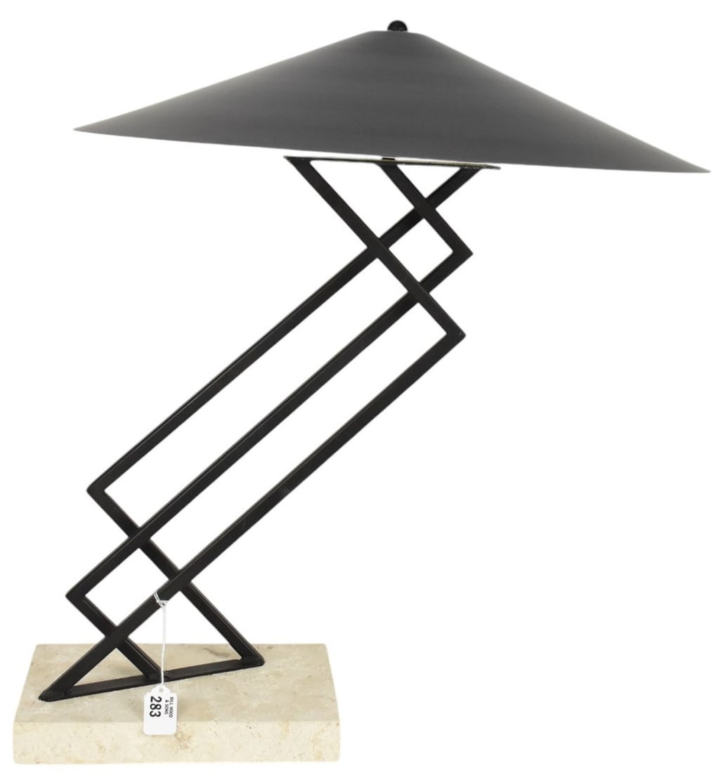 Zig Zag Style Cantilevered Iron Modern Table Lamp with Shade on Travertine Marble Base, attributions (1 of 6)