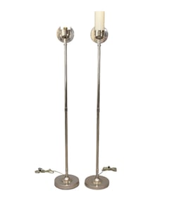 Pair Chrome Modern Floor Lamps w/ two glass shades, one shade is repaired, 58"H