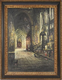 Fermin Santos (Spain 1909 - 1997) cathedral interior painting oil on canvas painting, 27-1/2 x 21