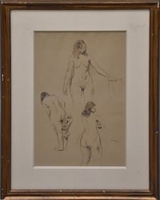 Raphael Soyer (New York 1899-1987) three female nude study drawing on paper Robin and Kruger label