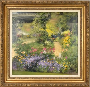 Anne MacAdam (American 20th Century) oil on canvas, The Gardens of Suzanne Sinaiko, canvas, 22 x 21