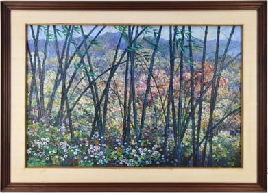 Noparat Livisiddhi (Thai, b. 1932) oil on canvas, bamboo tree trees and flowers, canvas size 24 x 36