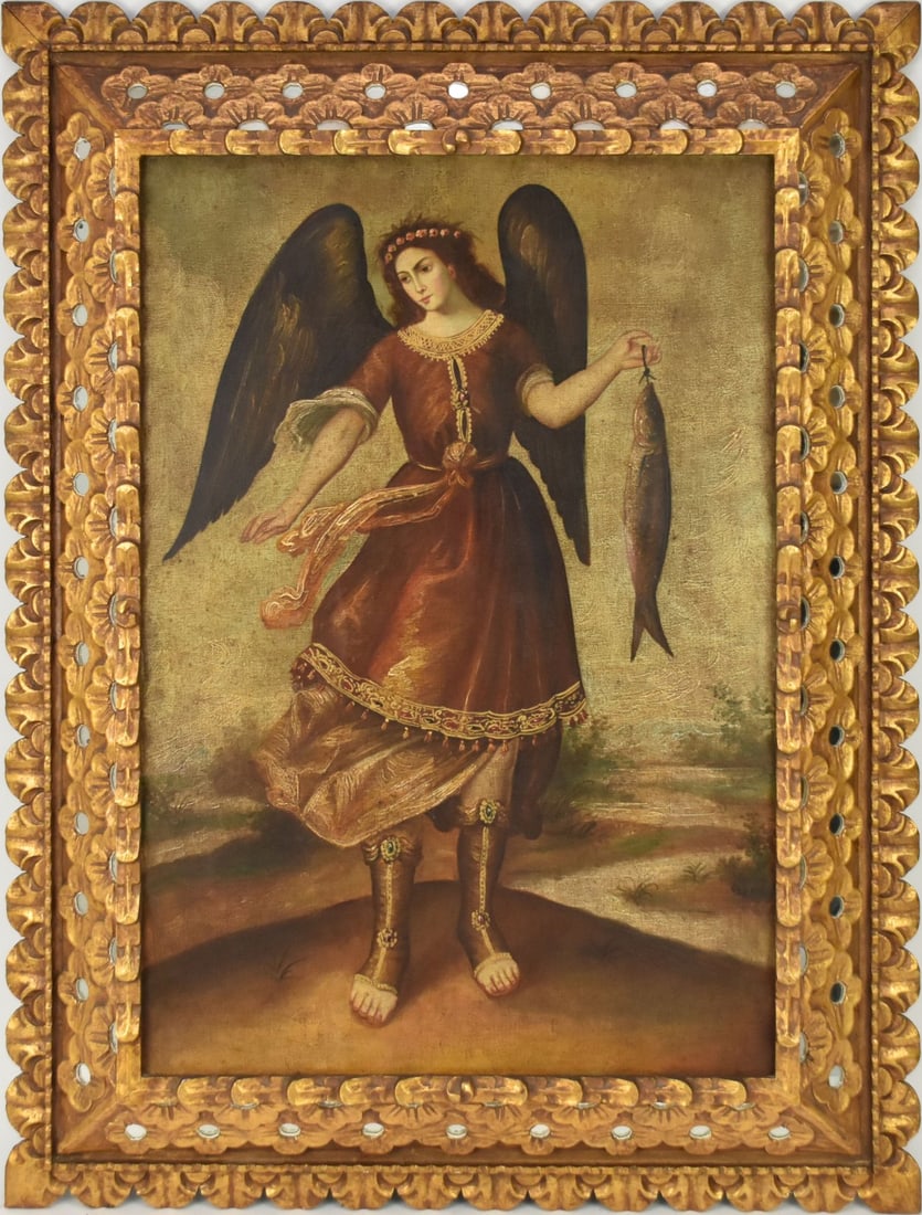 Antique Cusco School Painting, Angel with Fish -oil on canvas unsigned in ornate hand carved frame. (1 of 9)