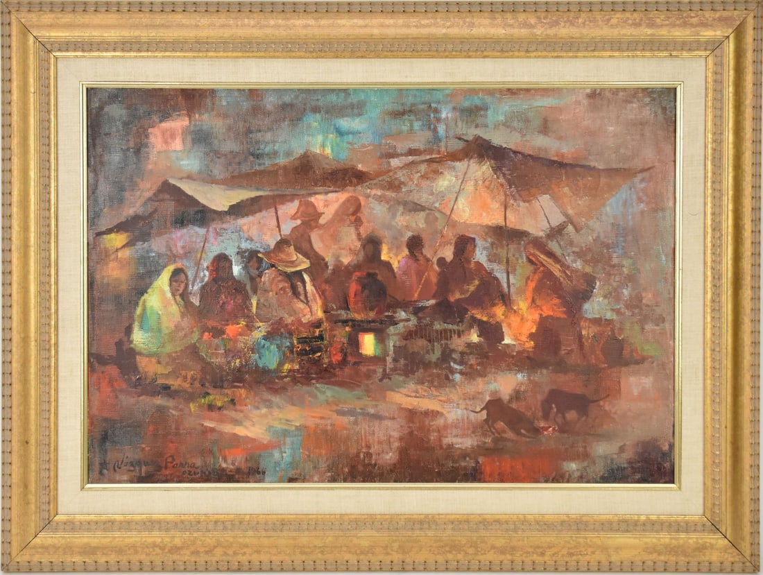 Antonio Vazquez Parra (B. 1984) Market Scene, oil painting on canvas sign lower left dated 1966. (1 of 10)