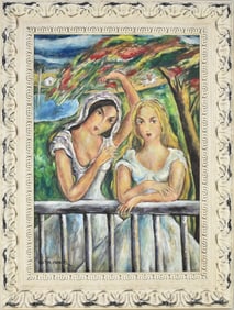 Attributed to: Victor Manuel oil on canvas 27 x 20 inches, sisters on balcony, overall frame size 35