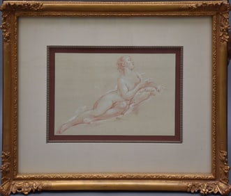 Mandy Racine, Sepia drawing on paper, reclining nude, image 10 x 14 inches. Overall size is23 x