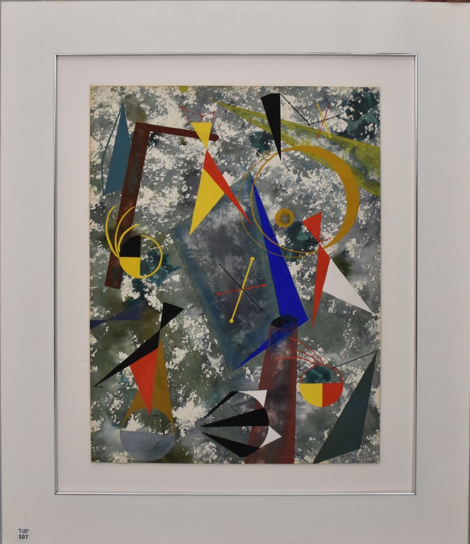 Juliette Steele (AMERICAN, 1908-1980) watercolor gouache on cardboard. Abstract Composition, no: Juliette Steele (AMERICAN, 1908-1980) watercolor gouache on cardboard. Abstract Composition, no frame cardboard glued down to mat. signed lower right, dated - 48. painting size is 28-1/2 x 21-1/2 inch