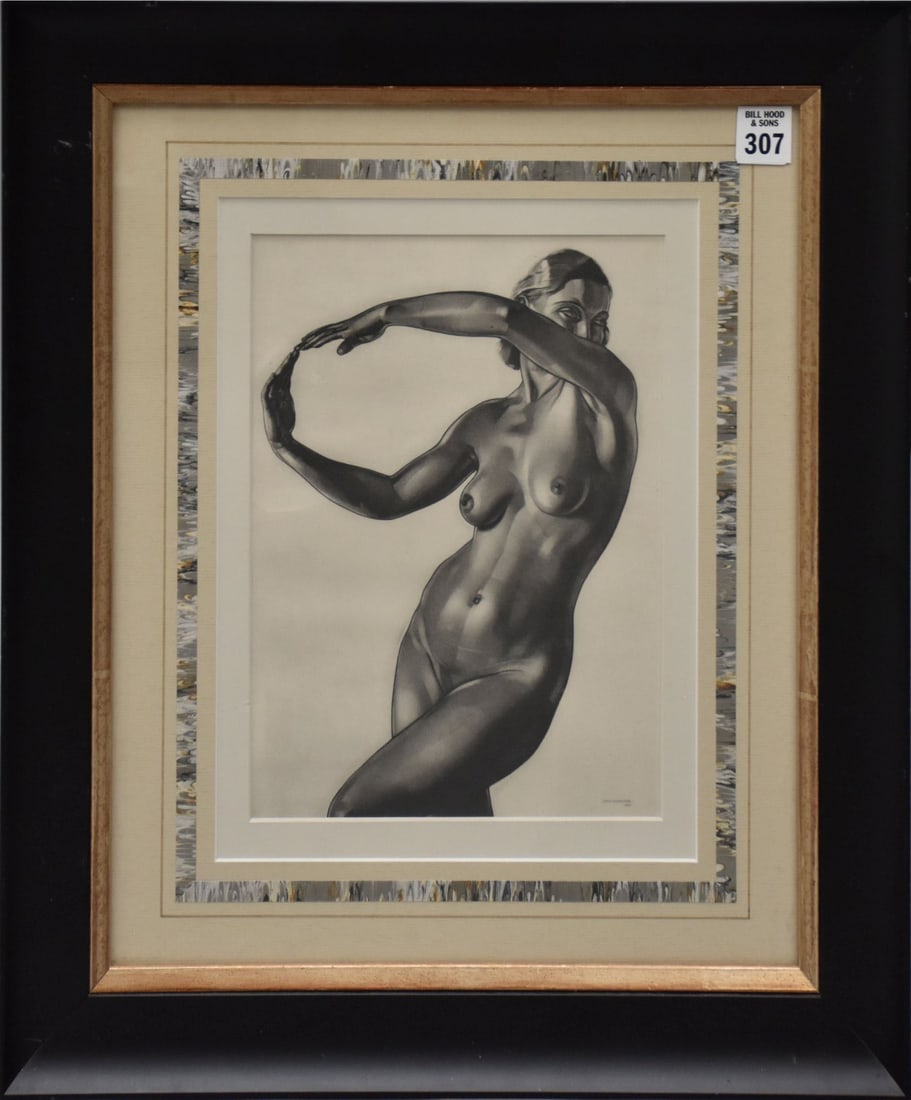 Jean Van Noten (Belgian 1903-1982) Nude Drawing, Graphite / Charcoal, 10-1/4 x 7- 3/4 inches.: Jean Van Noten (Belgian 1903-1982) Nude Drawing, Graphite / Charcoal, 10-1/4 x 7- 3/4 inches. Overall framed size 19-1/2 x 16-1/2 in