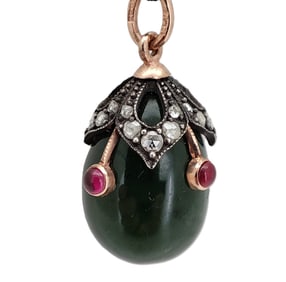 Vintage Imperial Faberge Era Rose Gold Rose Cut Diamond Rube Nephrite  Easter Egg Pendant. Total