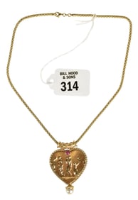 14K Yellow Gold Necklace with Italian Heart Pendant. Necklace 16" Heart Pendant 2" x .5" with Ruby