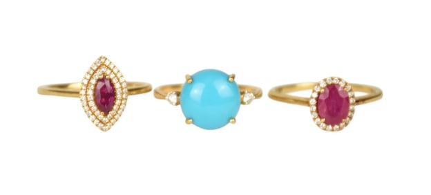 3 - 18K Yellow Gold Rings. Size 9.5 - 10.25, wt. 11.6 grams.  2 Ruby rings with diamond accents and