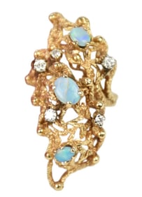 Vintage Brutalist 14K Yellow Gold Opal Diamond Ring. Size 7.5 wt. 12 grams. Length 1.75" x .75"