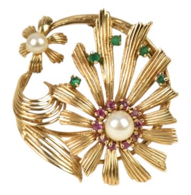 14K Yellow Gold Art deco Flower Brooch. 1.5" x 2" wt. 13.1 grams Flowers have a pearl in the middle