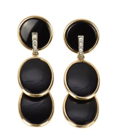 Vintage 14K Yellow Gold Onyx with diamond Accent Earrings. Length 1.75" wt. 7.6 grams