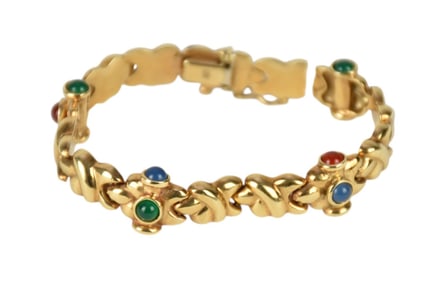 Vintage 14K Yellow Gold Multicolored Cabochon Gems Bracelet. Italy Length 6.5" wt. 20.5 grams