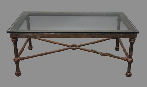 Giacometti Style Iron and Glass Top Coffee Table with small Snake wrapped on base. 20 x 40 x 17h