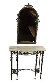 Oscar Bach Style Serpentine Console Table & Mirror, Onyx Over Pierced Apron on 4 Figural Bust
