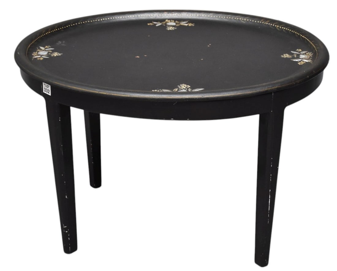 19th Century Paper Mache Oval Tray on Custom Fit Stand. Tray approx. 24 x 30 inches.: 19th Century Paper Mache Oval Tray on Custom Fit Stand. Tray approx. 24 x 30 inches.