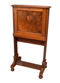 Continental Diminutive Drop Front Desk, Burled Wood Panel 30w x 36 x 16 deep. Inches
