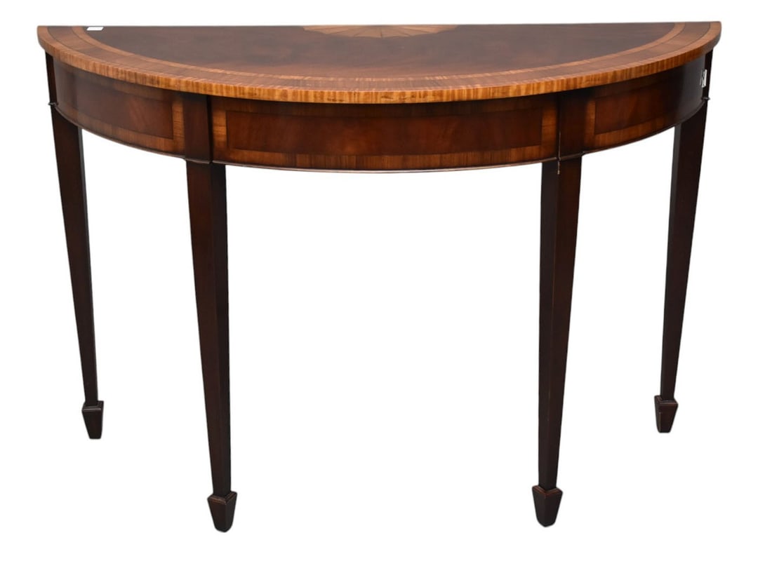 Single Mahogany Demi Lune Table 48 wide x 19 deep x 32 high.: Single Mahogany Demi Lune Table 48 wide x 19 deep x 32 high.***If this item is not picked up by the Friday following the auction, it will be moved to offsite storage and pickup will be by appointment 