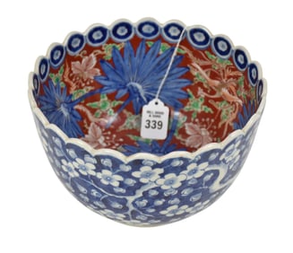 Large Japanese Imari Porcelain Bowl - A deep porcelain Japanese Imari porcelain bowl, scalloped rim.