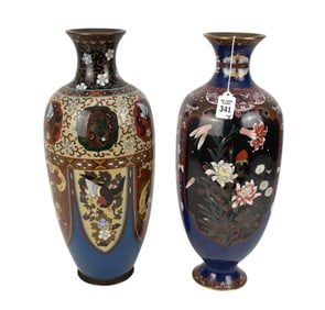 Two Antique Japanese Cloisonne Vases, Meiji Period - Two tall cloisonne enamel vases. A) Cloisonne