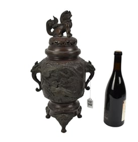 Meiji Period Japanese Bronze Censer, Yoshida Zo - A patinated bronze incense burner with high relief