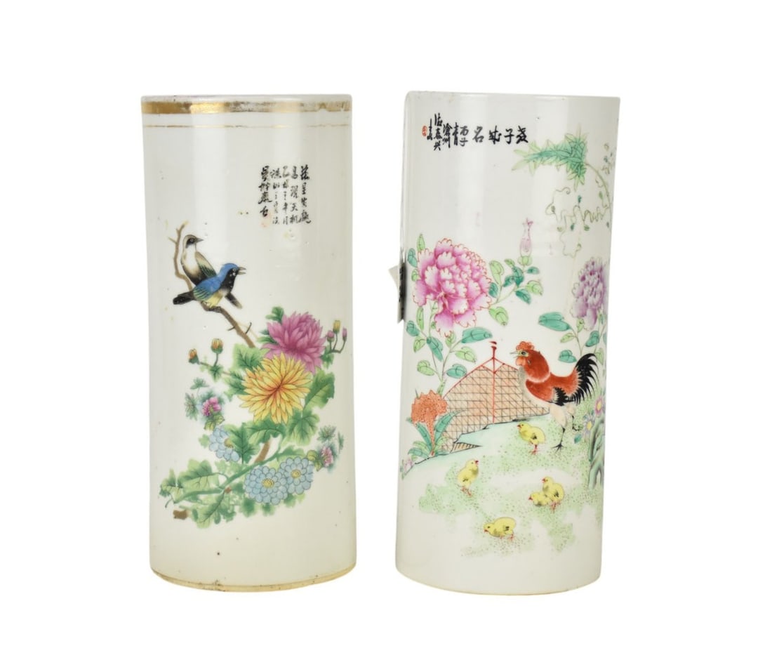 Two Chinese Porcelain Hat Stands with Enamel Decoration - Two Chinese porcelain cylindrical form (1 of 9)