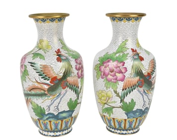 Pair Chinese Cloisonne Vases, Phoenix & Peony Motif - A pair of baluster form cloisonne vases. Each