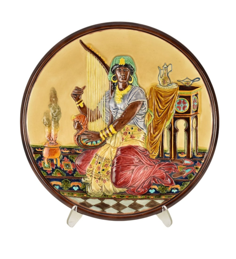 Large Schutz Cilli Majolica Charger w/ Orientalist Figure - Austrian. A glazed pottery plaque (1 of 7)