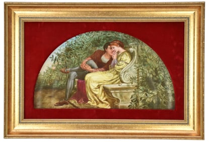 Antique Porcelain Plaque of A Romantic Couple in Garden - C. 1898. A demi-lune porcelain framed
