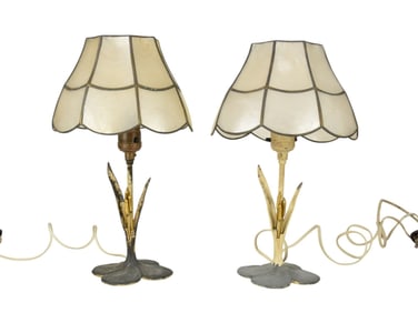 Pr. McClelland Barclay Small Lamps Cattail Motif, Lily Pad Bases - C. 1930s. Worn Paint/Capiz