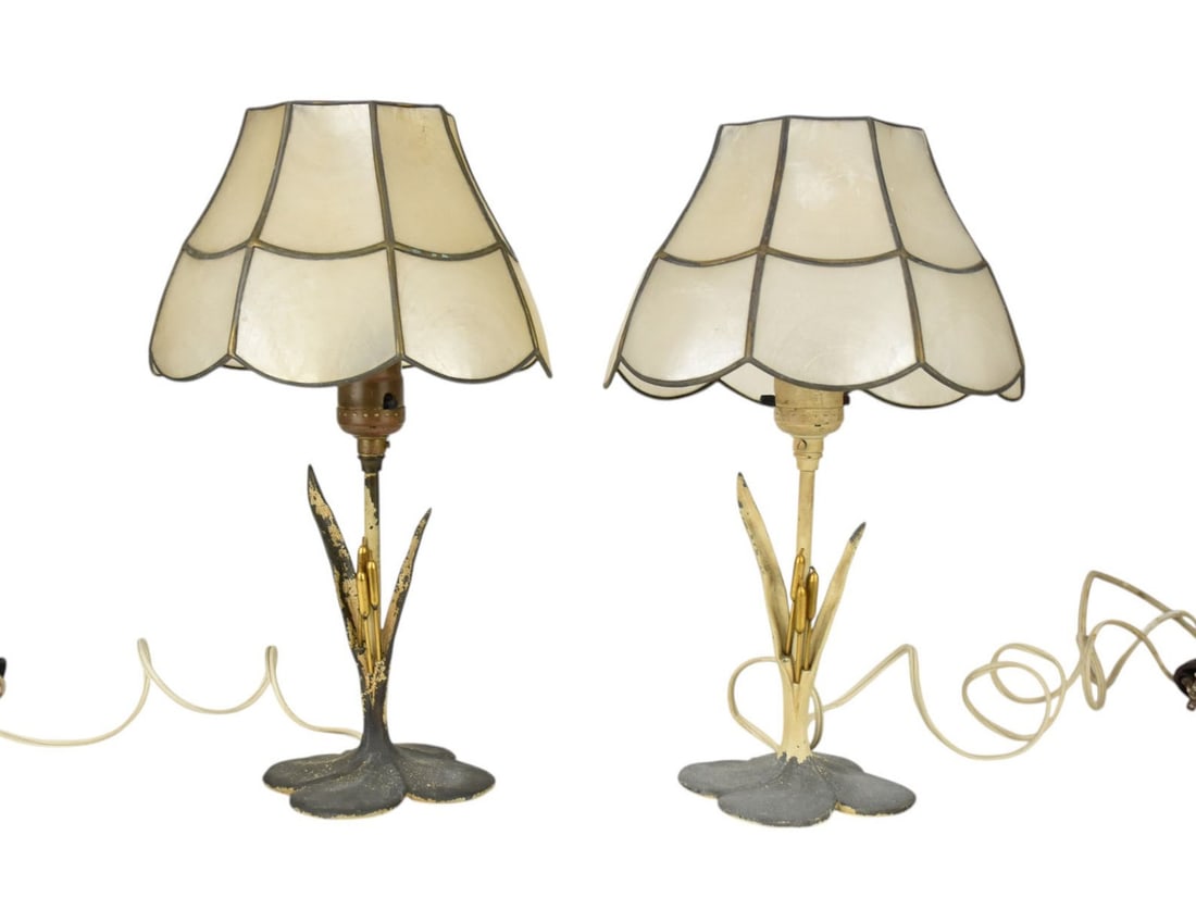 Pr. McClelland Barclay Small Lamps Cattail Motif, Lily Pad Bases - C. 1930s. Worn Paint/Capiz: Pr. McClelland Barclay Small Lamps Cattail Motif, Lily Pad Bases - C. 1930s. Worn Paint/Capiz Shades, signed indistinctly on bases. 14"h