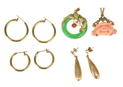14K Yellow Gold Jewelry Lot Earrings & Pendants.  3 pairs of earrings size .5"  - 1.25" , Jade