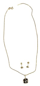 18K Yellow Gold Necklace with 14K Yellow Gold Sapphire Pendant and Earrings. Necklace 18" wt 2.3