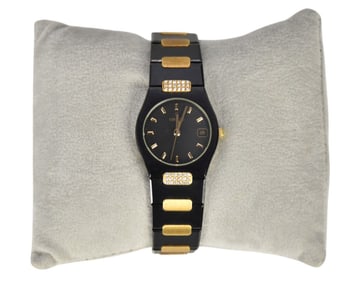 Ladies Concord 18K Gold Gun Metal Black SS Swiss Date Watch. 24mm with 3 extra links. Needs battery