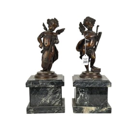 2 Bronze Sculptures of Cherubs with Instruments on Marble Plinths, one with harp and one with violin