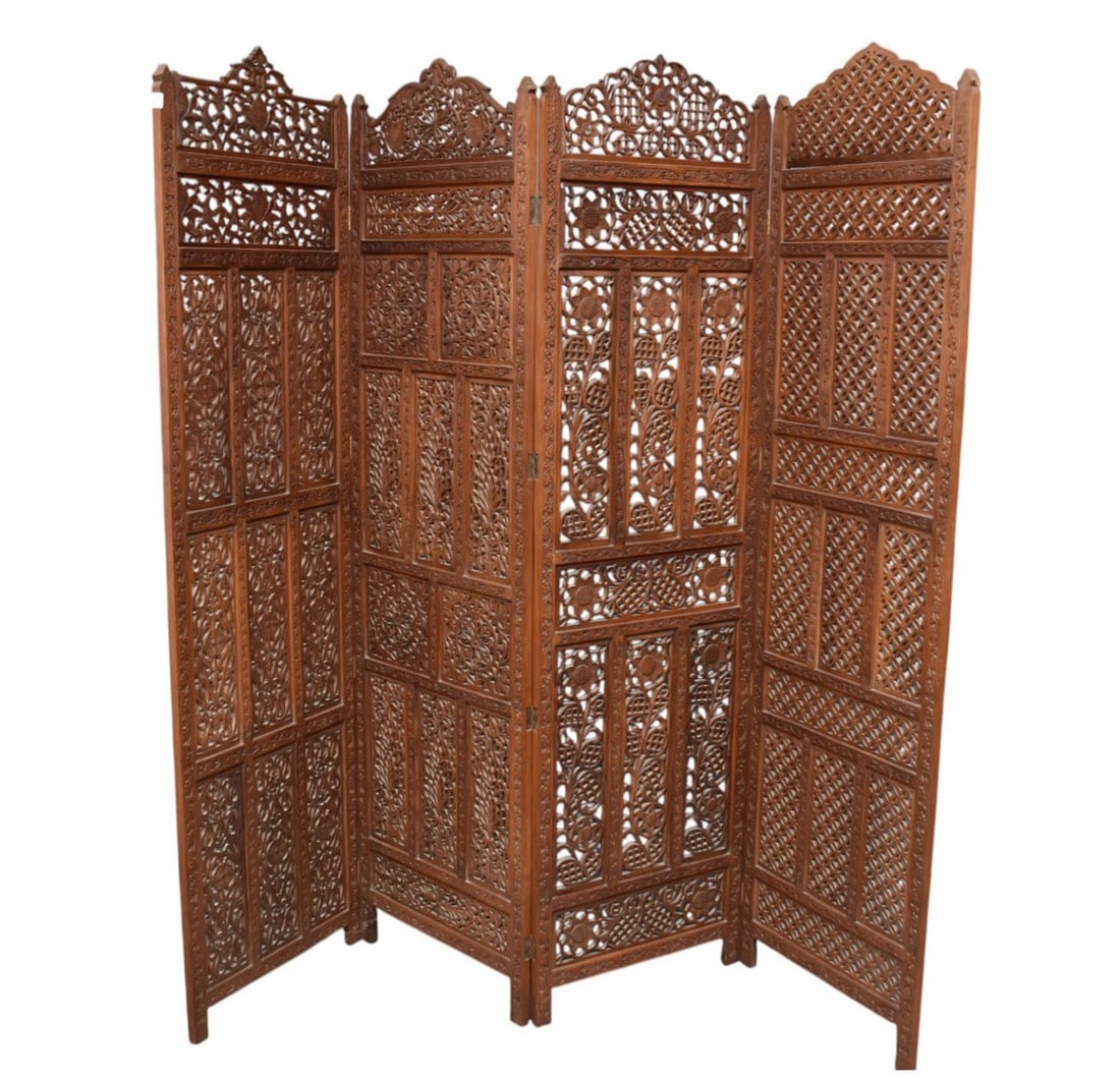 Carved Wood Indonesian 4-Panel Screen - Reticulated, carved design. 74 1/2" h, each panel 20" w (1 of 4)