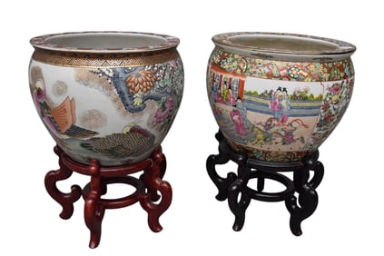 2 Oriental Style Jardinières with Stands, 12"h x 14 1/2"w