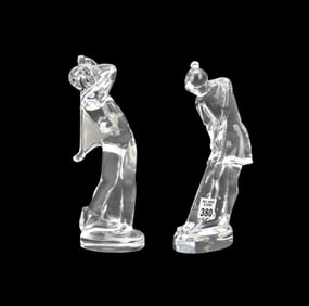 2 Baccarat Crystal Golfing Sculptures, Male (9 1/4"h) and Female (8 1/2"h)