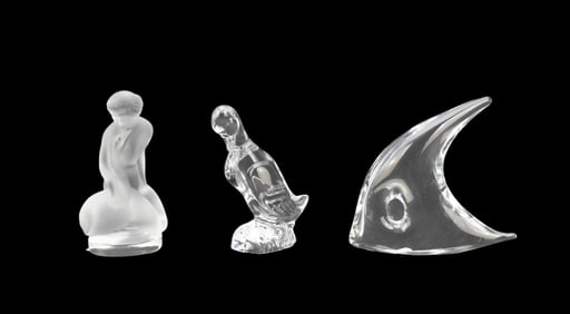 3 Pieces Signed Crystal, DAUM & LALIQUE - 2 Daum Figures, Fish (4 1/2"h x 4 1/2"w) & Duck AND