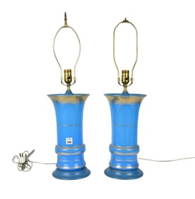 Pair French Blue Opaline Lamps, 14"h vase (some wear to gold)